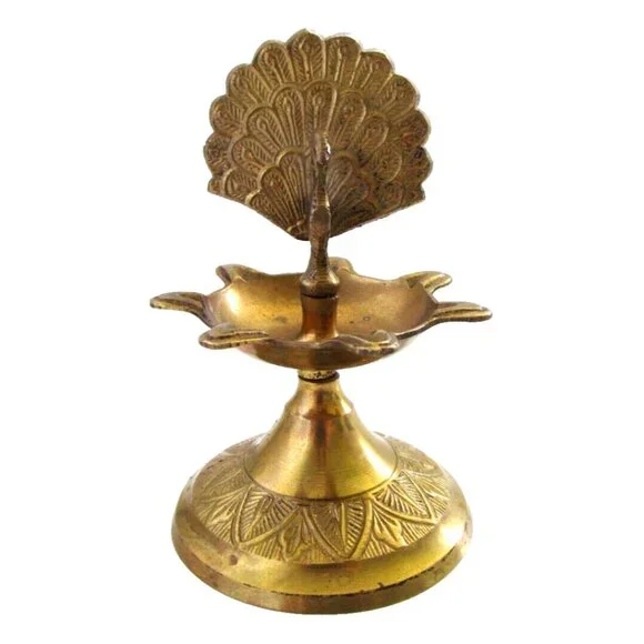 Vintage Brass Peacock Bird Shape Religious Wick Oil Lamp - Diya Aarti Home Décor - Picture 1 of 16